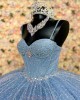 Spaghetti Strap Sky Blue Quince Dresses Pearl Sequin Sweetheart Neck 15 Dress