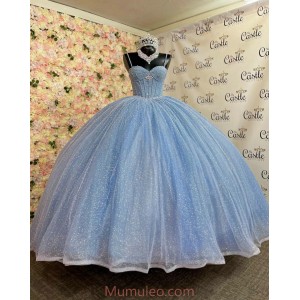 Spaghetti Strap Sky Blue Quince Dresses Pearl Sequin Sweetheart Neck 15 Dress