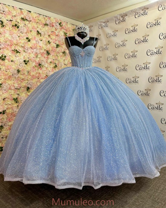 Spaghetti Strap Sky Blue Quince Dresses Pearl Sequin Sweetheart Neck 15 Dress