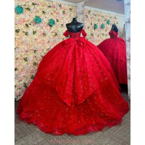 Square Collar Red Quinceanera Dresses Sequin Off Shoulder 15 Dress With Bow