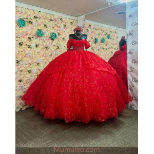 Square Collar Red Quinceanera Dresses Sequin Off Shoulder 15 Dress With Bow