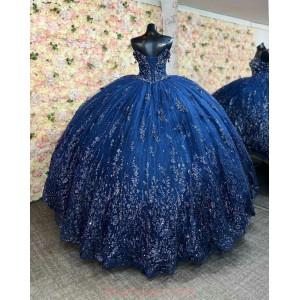 Sweetheart Neck Navy Blue Quince Dresses Lace Appliques Spaghetti Strap 15 Dress