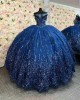 Sweetheart Neck Navy Blue Quince Dresses Lace Appliques Spaghetti Strap 15 Dress