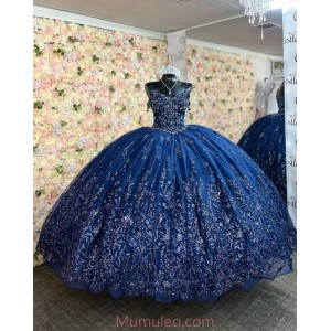 Sweetheart Neck Navy Blue Quince Dresses Lace Appliques Spaghetti Strap 15 Dress