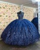 Sweetheart Neck Navy Blue Quince Dresses Lace Appliques Spaghetti Strap 15 Dress