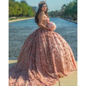 Sweetheart Neck Pink Quince Dresses Metallic Sequin Off Shoulder 15 Dress With 3D Flowers