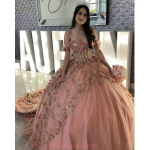 Sweetheart Neck Pink Quince Dresses Metallic Sequin Off Shoulder 15 Dress With 3D Flowers