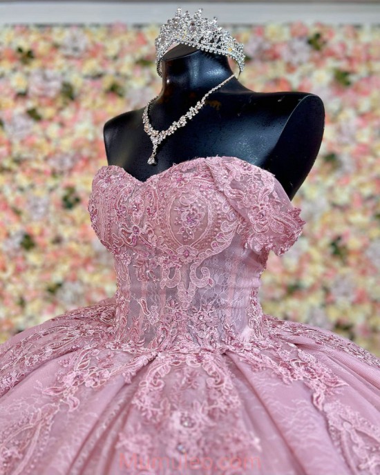 Sweetheart Neck Pink Quinceanera Dresses Lace Appliques Off Shoulder 15 Dress