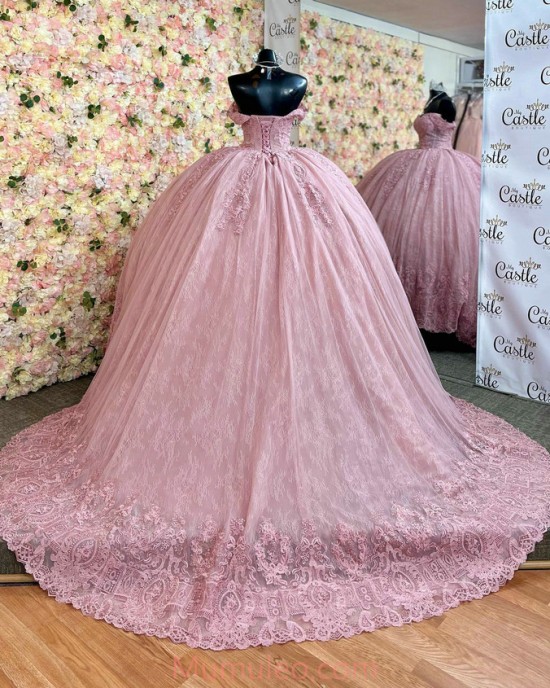 Sweetheart Neck Pink Quinceanera Dresses Lace Appliques Off Shoulder 15 Dress