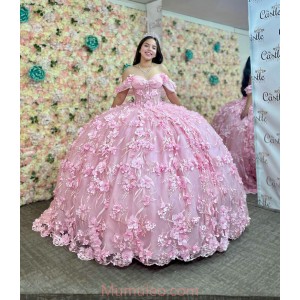 Sweetheart Neck Pink Quinceanera Dresses Sequin Off Shoulder 15 Dress With 3D Flowers