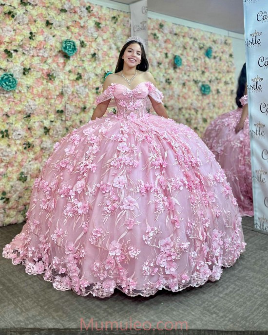 Sweetheart Neck Pink Quinceanera Dresses Sequin Off Shoulder 15 Dress With 3D Flowers