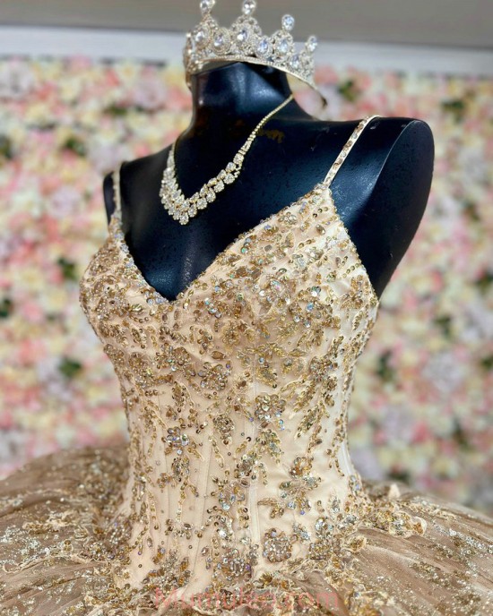 V Neck Gold Quince Dresses Metallic Sequin Crystal Sleeveless 15 Dress