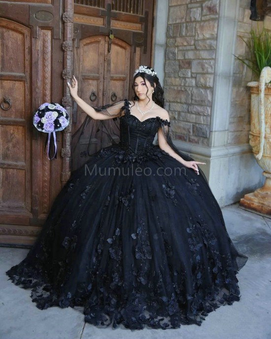 Cape Sleeve Black Quinceanera Dress Sweetheart Neck 15 Dresses With 3D Flowers