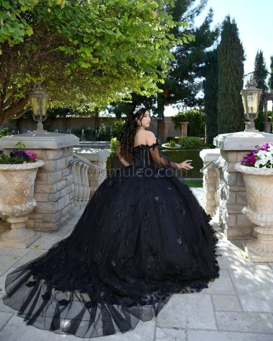 Cape Sleeve Black Quinceanera Dress Sweetheart Neck 15 Dresses With 3D Flowers