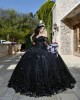 Cape Sleeve Black Quinceanera Dress Sweetheart Neck 15 Dresses With 3D Flowers