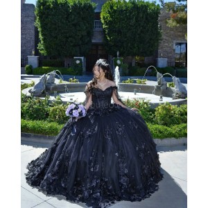 Cape Sleeve Black Quinceanera Dress Sweetheart Neck 15 Dresses With 3D Flowers