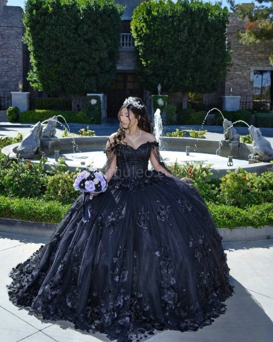 Cape Sleeve Black Quinceanera Dress Sweetheart Neck 15 Dresses With 3D Flowers