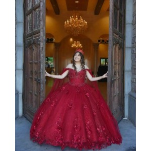 Cape Sleeve Burgundy Quinceanera Dress Beading Sweetheart Neck 15 Dresses With 3D Flowers