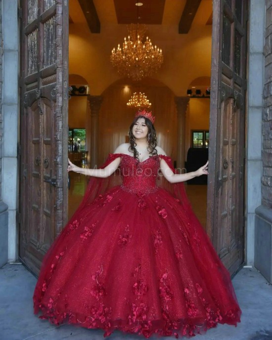 Cape Sleeve Burgundy Quinceanera Dress Beading Sweetheart Neck 15 Dresses With 3D Flowers