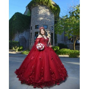 Cape Sleeve Burgundy Quinceanera Dress Beading Sweetheart Neck 15 Dresses With 3D Flowers