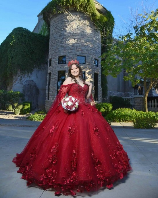 Cape Sleeve Burgundy Quinceanera Dress Beading Sweetheart Neck 15 Dresses With 3D Flowers