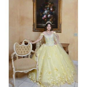 Cape Sleeve Yellow Quinceanera Dress V Neck Lace Appliques 15 Dresses With 3D Flowers