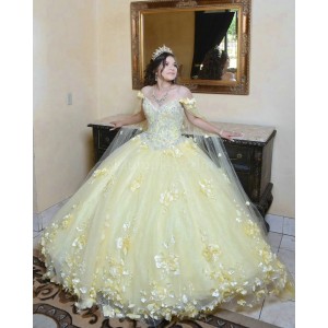 Cape Sleeve Yellow Quinceanera Dress V Neck Lace Appliques 15 Dresses With 3D Flowers