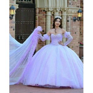 Detachable Lilac Quince Dresses Metallic Sequin Sweetheart Neck 15 Dress