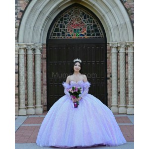 Detachable Lilac Quince Dresses Metallic Sequin Sweetheart Neck 15 Dress