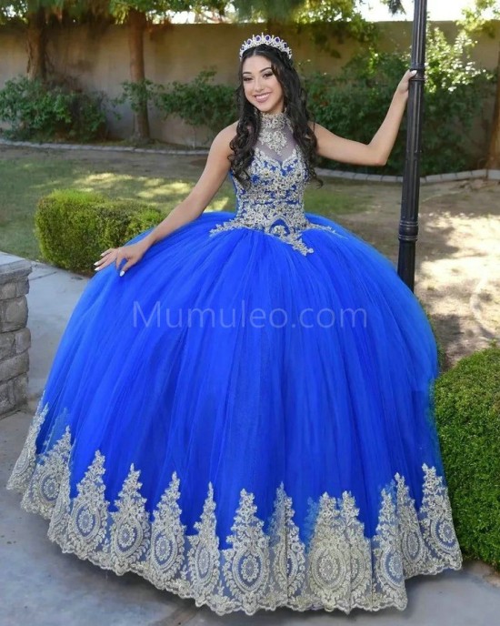 Halter Neck Blue Quince Dresses Lace Appliques Sleeveless 15 Dress