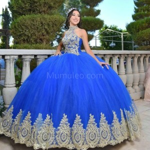 Halter Neck Blue Quince Dresses Lace Appliques Sleeveless 15 Dress