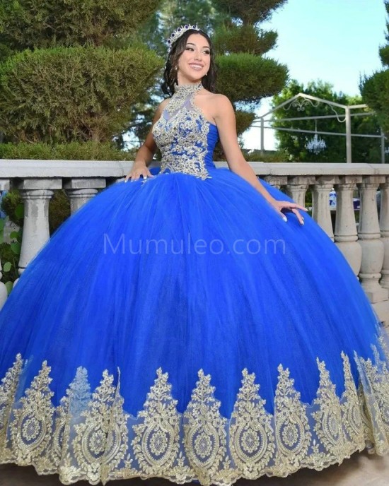 Halter Neck Blue Quince Dresses Lace Appliques Sleeveless 15 Dress