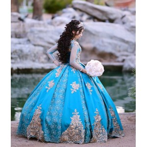 Long Sleeve Aqua Quinceanera Dress Metallic Sequin Scoop Neck 15 Dresses