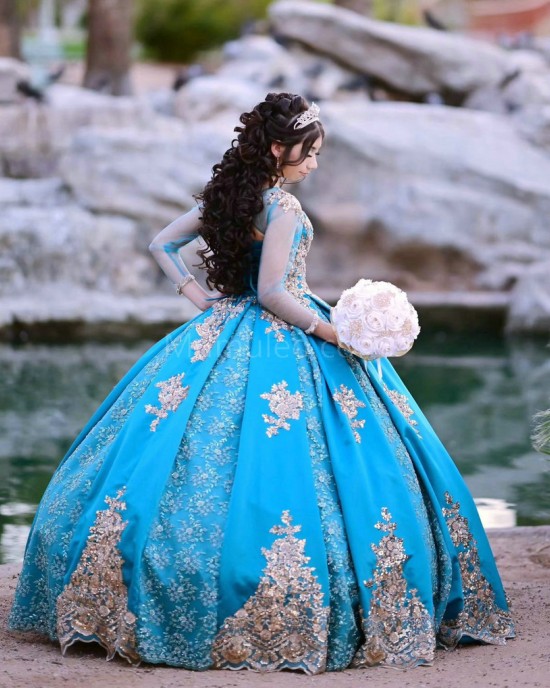 Long Sleeve Aqua Quinceanera Dress Metallic Sequin Scoop Neck 15 Dresses