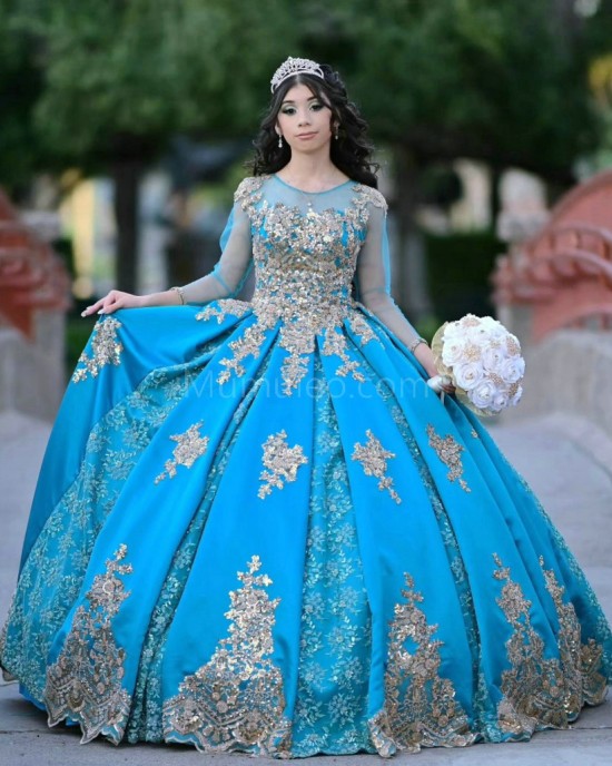 Long Sleeve Aqua Quinceanera Dress Metallic Sequin Scoop Neck 15 Dresses