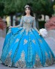 Long Sleeve Aqua Quinceanera Dress Metallic Sequin Scoop Neck 15 Dresses