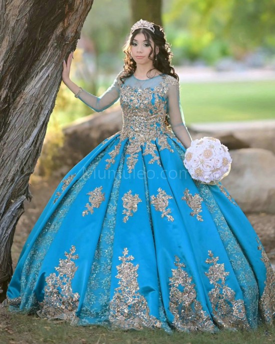 Long Sleeve Aqua Quinceanera Dress Metallic Sequin Scoop Neck 15 Dresses