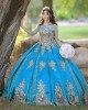 Long Sleeve Aqua Quinceanera Dress Metallic Sequin Scoop Neck 15 Dresses