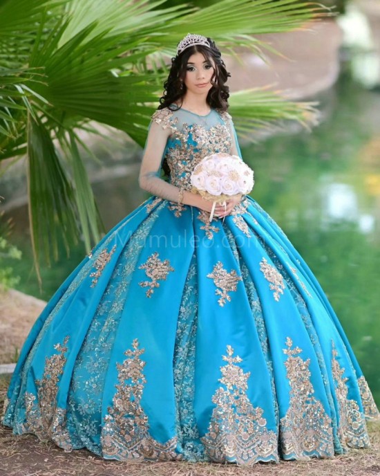 Long Sleeve Aqua Quinceanera Dress Metallic Sequin Scoop Neck 15 Dresses