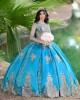 Long Sleeve Aqua Quinceanera Dress Metallic Sequin Scoop Neck 15 Dresses