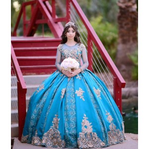 Long Sleeve Aqua Quinceanera Dress Metallic Sequin Scoop Neck 15 Dresses