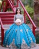 Long Sleeve Aqua Quinceanera Dress Metallic Sequin Scoop Neck 15 Dresses