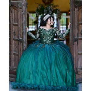 Long Sleeve Emerald Green Quinceanera Dress Metallic Sequin 15 Dresses