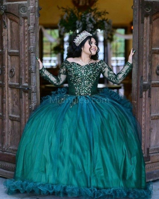 Long Sleeve Emerald Green Quinceanera Dress Metallic Sequin 15 Dresses