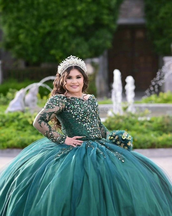 Long Sleeve Emerald Green Quinceanera Dress Metallic Sequin 15 Dresses