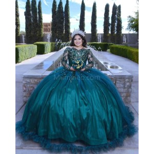 Long Sleeve Emerald Green Quinceanera Dress Metallic Sequin 15 Dresses