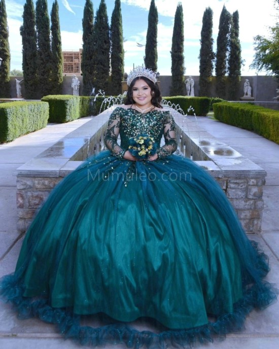 Long Sleeve Emerald Green Quinceanera Dress Metallic Sequin 15 Dresses