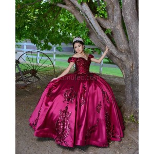 Metallic Sequin Sweetheart Neck Burgundy Quince Dresses Lace Appliques Off Shoulder 15 Dress