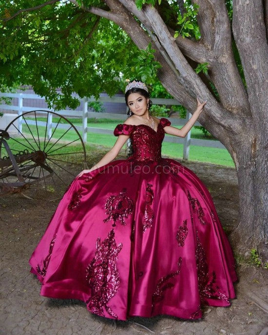 Metallic Sequin Sweetheart Neck Burgundy Quince Dresses Lace Appliques Off Shoulder 15 Dress