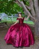 Metallic Sequin Sweetheart Neck Burgundy Quince Dresses Lace Appliques Off Shoulder 15 Dress